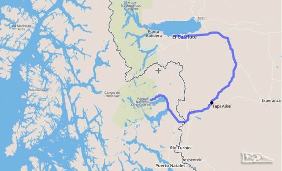 Ainda não avisaram o GoogleMaps qye se pode atravessar a fronteira na altura de Tapi Aike. Esse percurso entre El Calafate e Torres del Paine tem 270 km, muito mais curto que se fomos até Puerto Natales, como sugere o Google